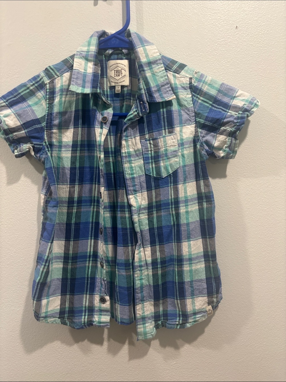 True Craft Blue, Green & White Plaid Short Sleeve Button-Up